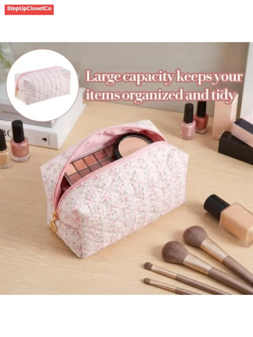 Floral Quilted Cotton Makeup Bag Cosmetic Pouch Travel Toiletry Organizer Women